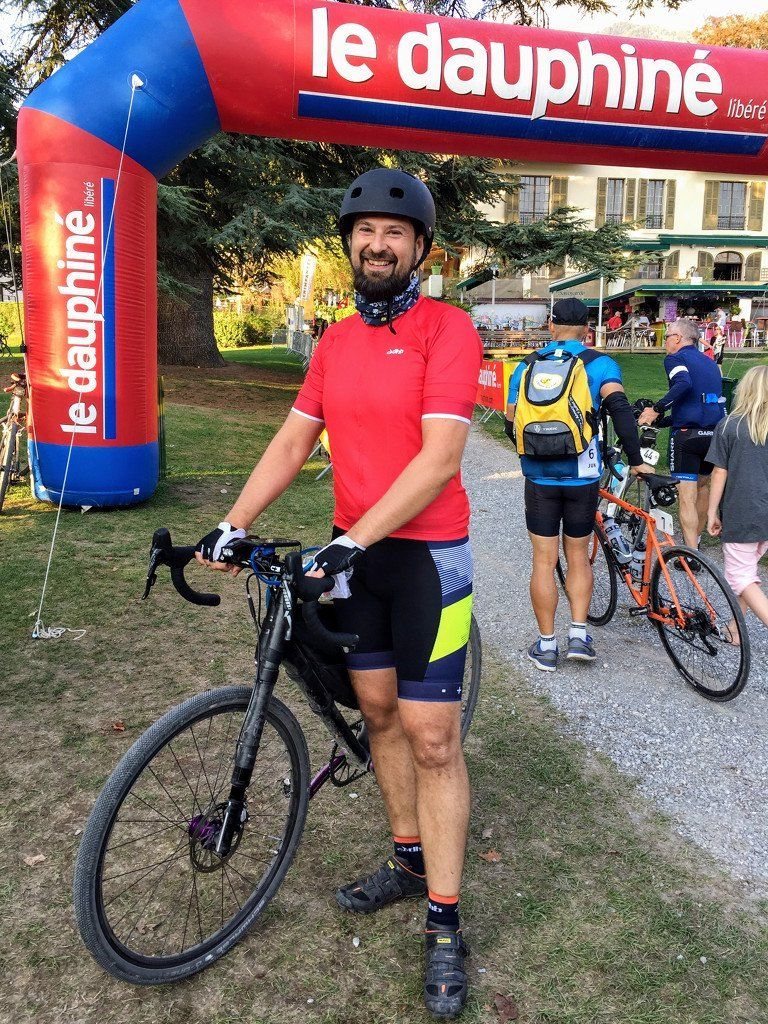 At the finish line of the La Resistance event, a really tough gravel bike event in the French Alps