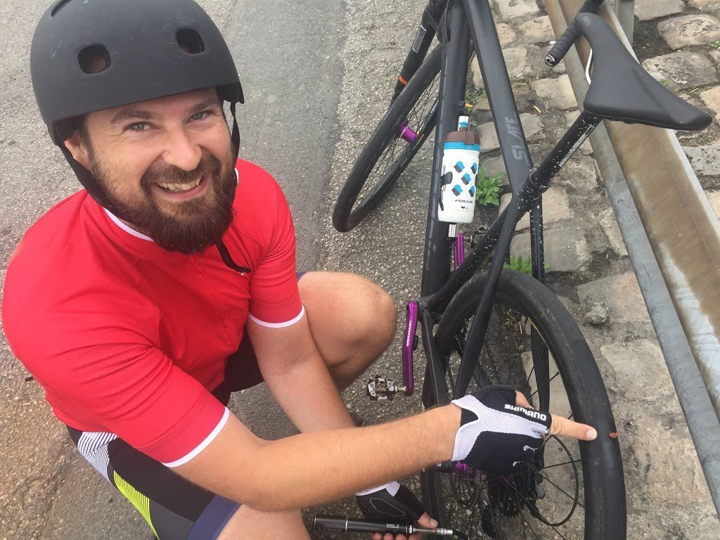 Fixing a puncture on my Paris to Le Havre ride