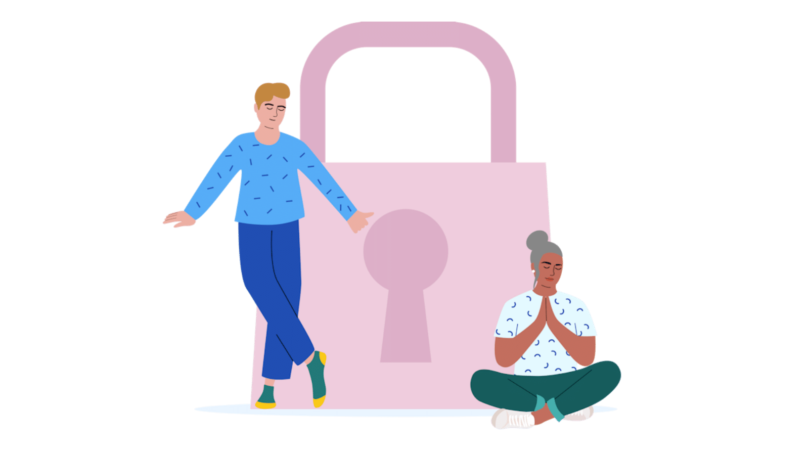Illustration of two calm people mediating in front of a large lock