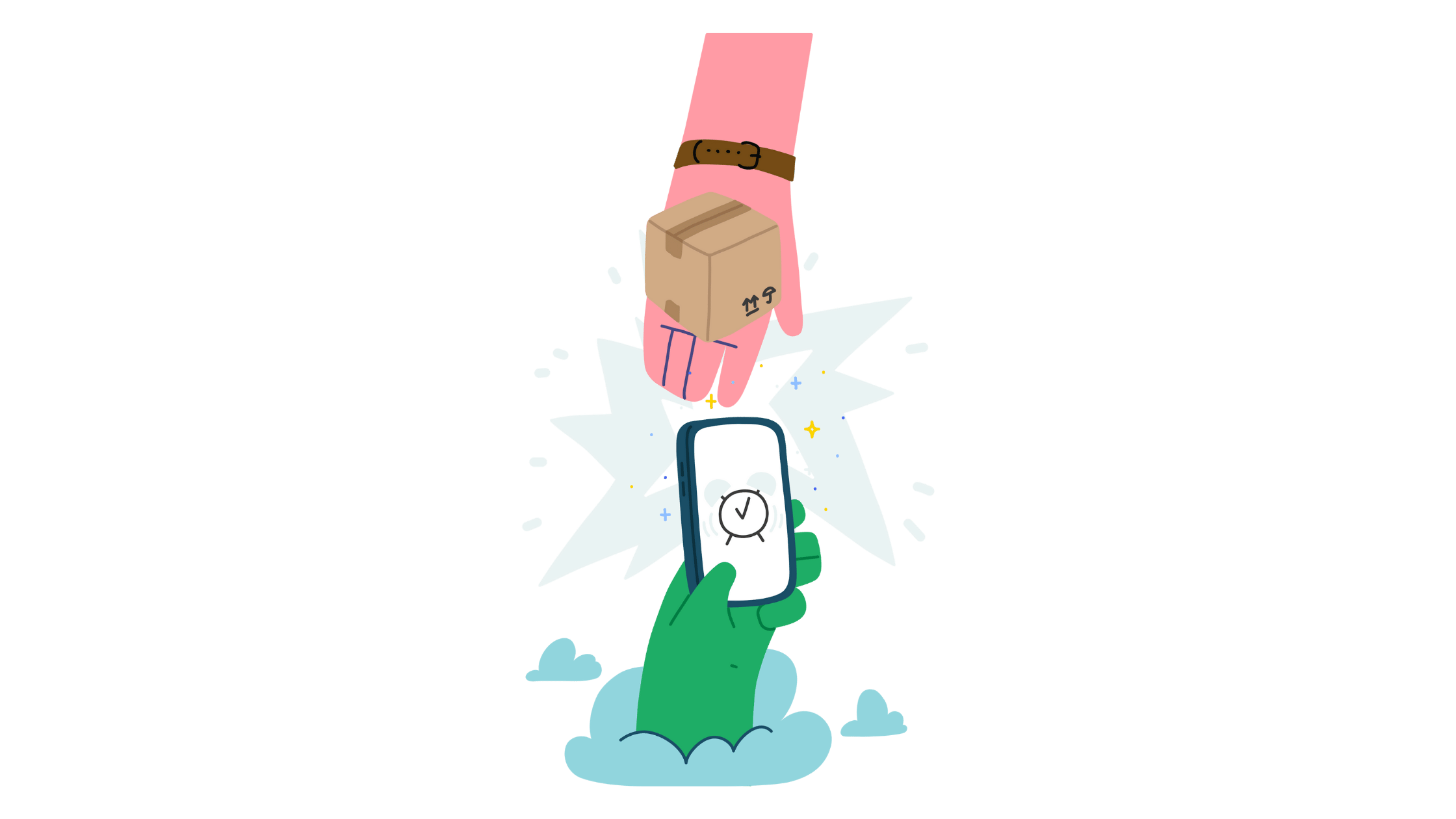 Illustration of a hand holding a phone with a timer and another hand holding a box