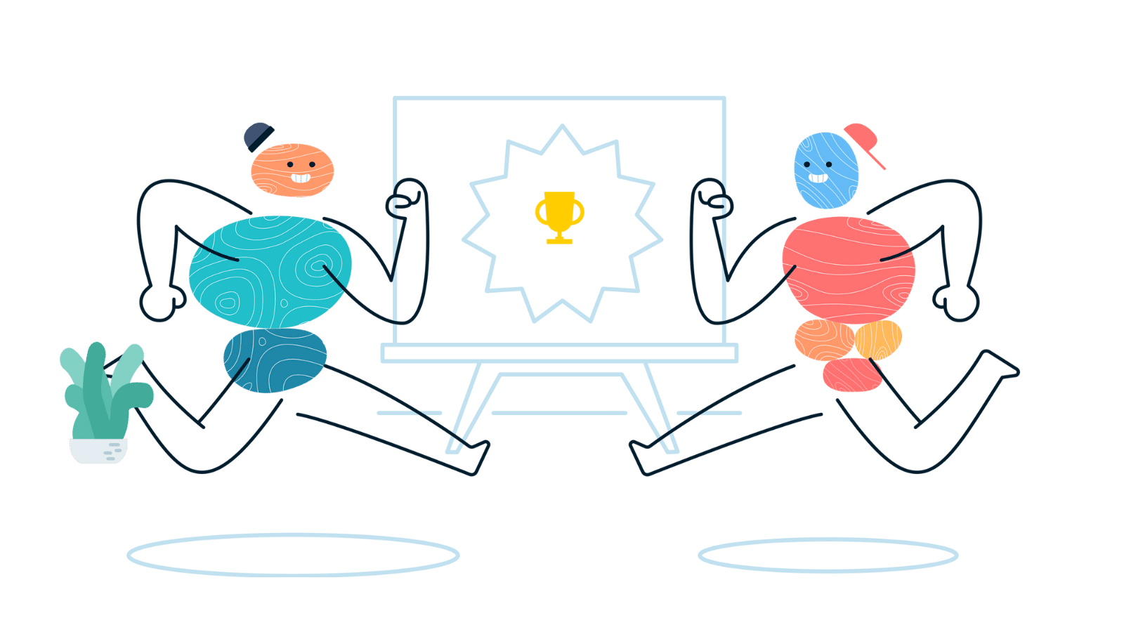 Ilustration of two people representing Product and Engineering running towards each other with a whiteboard in the middle