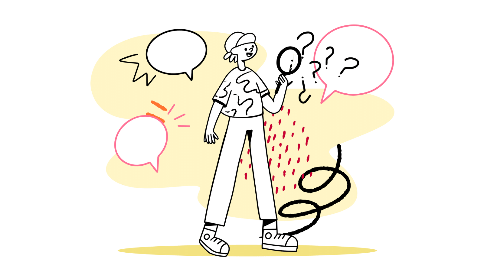 A person with a magnifying glass surrounded by speach bubbles and question marks.