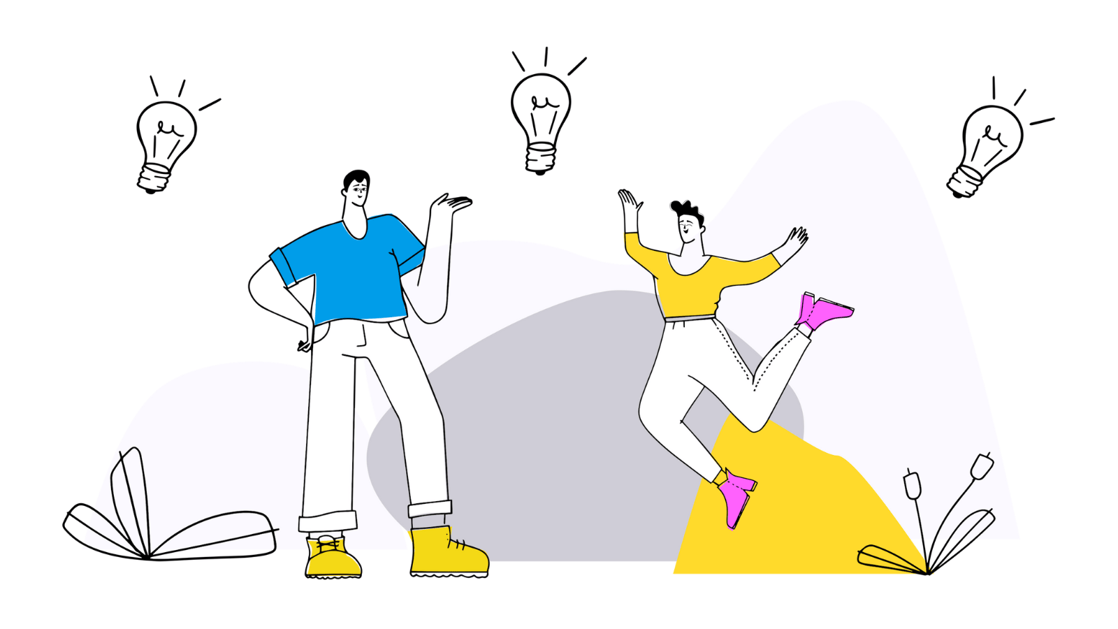 A person standing, talking and gesturing and a person jumping for joy, with lightbulbs surrounding them.
