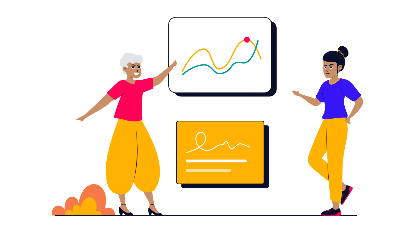 Two people standing at a board sharing and giving feedback