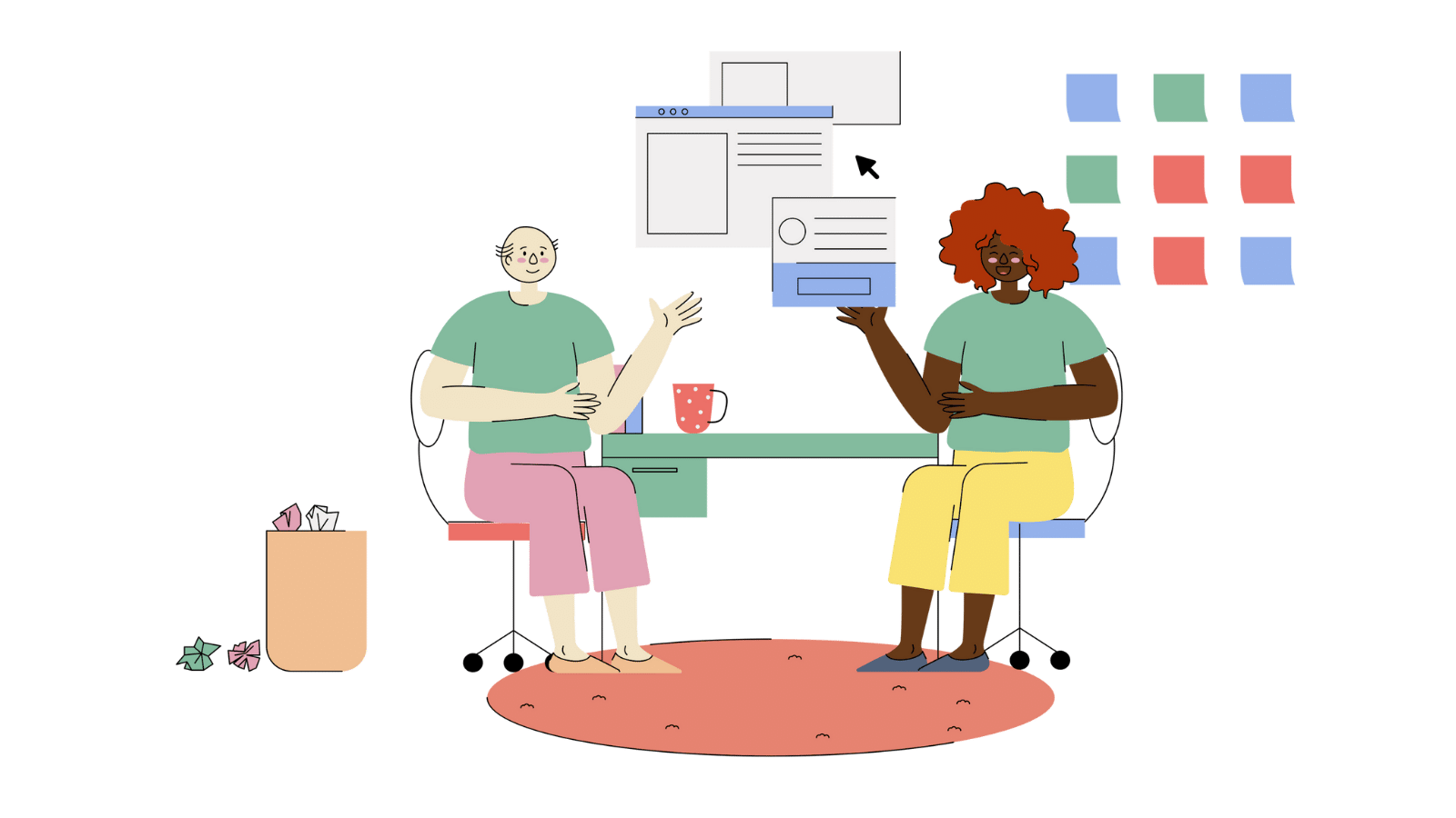 Two people planning, sitting around a table in an office with computer windows floating above them and sticky notes behind t