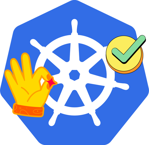 Kubernetes logo with a hand showing the OK symbol and a check mark