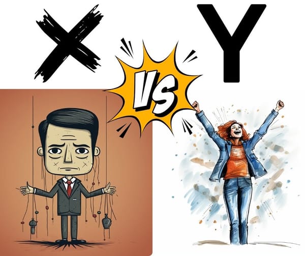X (a sad puppet in a suit) vs Y (a woman cheering with her hands above her head)