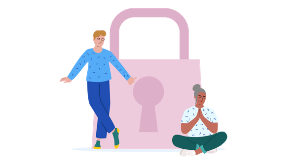 Illustration of two calm people mediating in front of a large lock