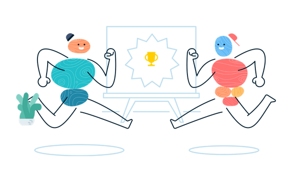 Ilustration of two people representing Product and Engineering running towards each other with a whiteboard in the middle