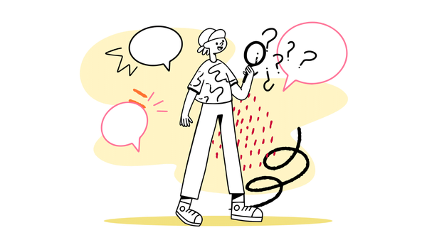 A person with a magnifying glass surrounded by speach bubbles and question marks.