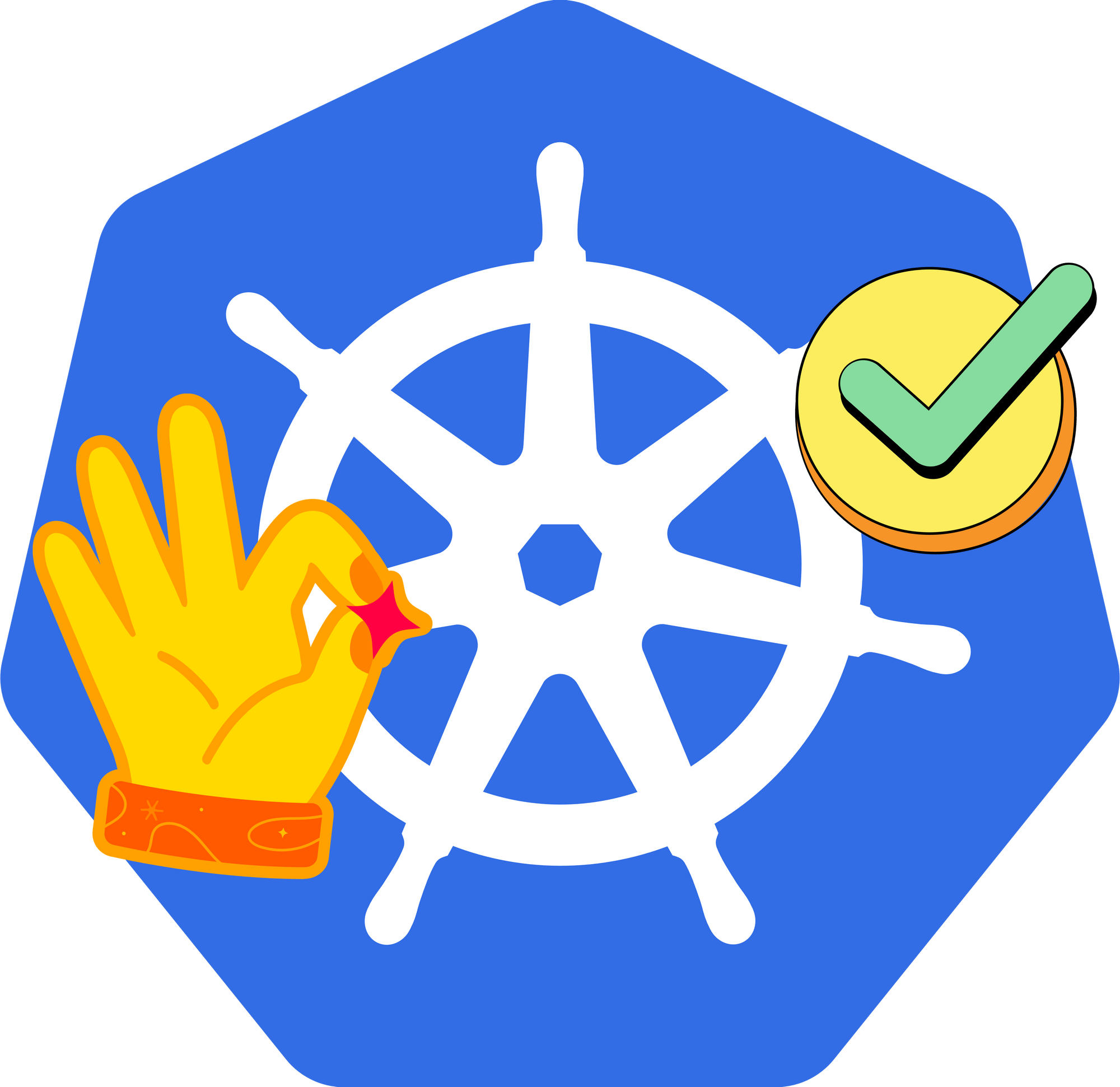 Kubernetes logo with a hand showing the OK symbol and a check mark